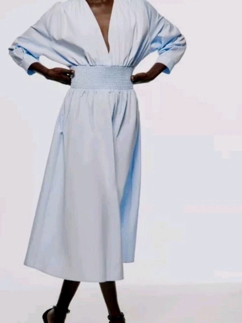 Zara Pale Blue Deep V Smocked-Waist Midi Dress